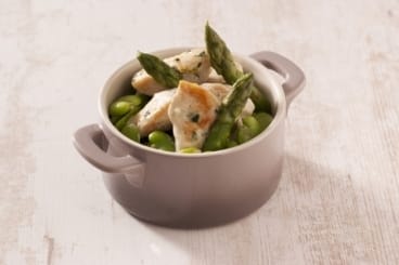 Poulet à l'estragon, asperges et fèves